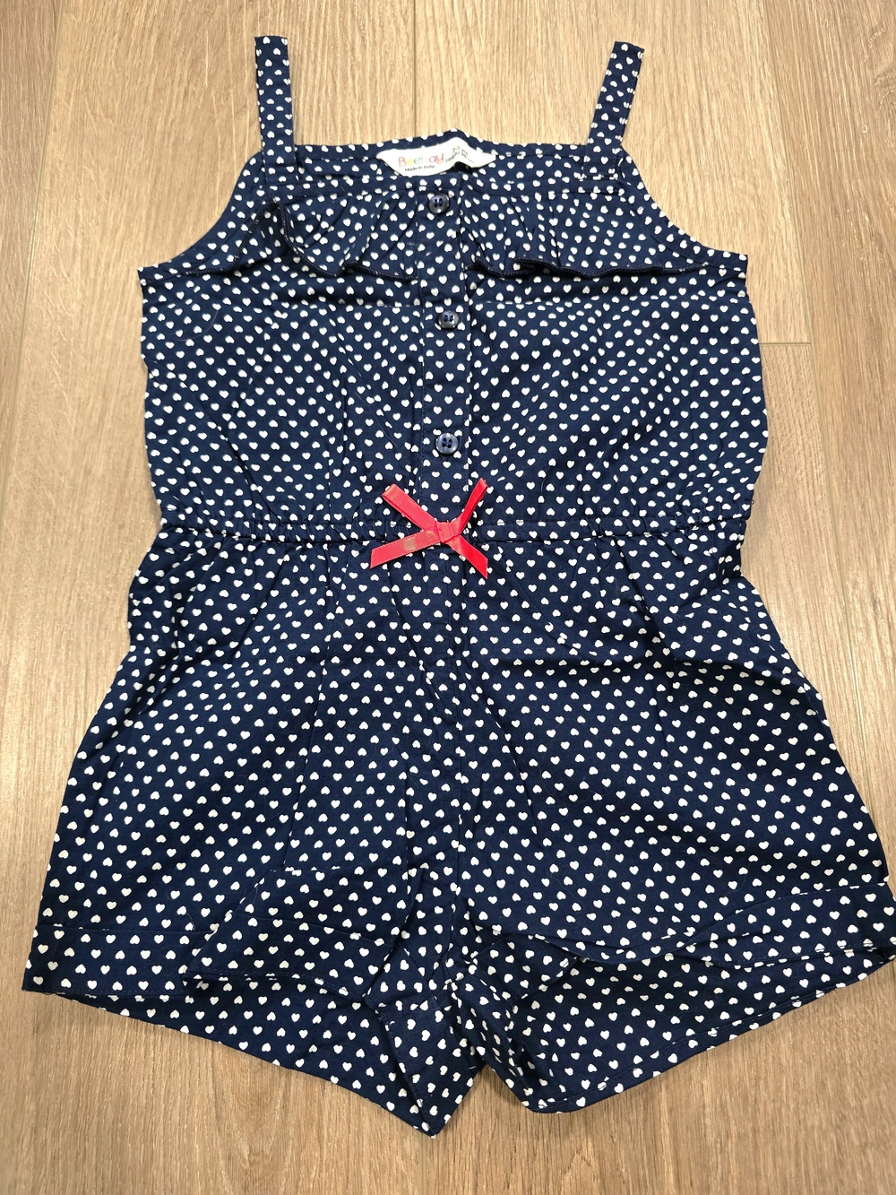 Beebay Girls Navy Heart Print Romper Red Bow Ruffle Summer‎ Outfit NWOT 2-3T